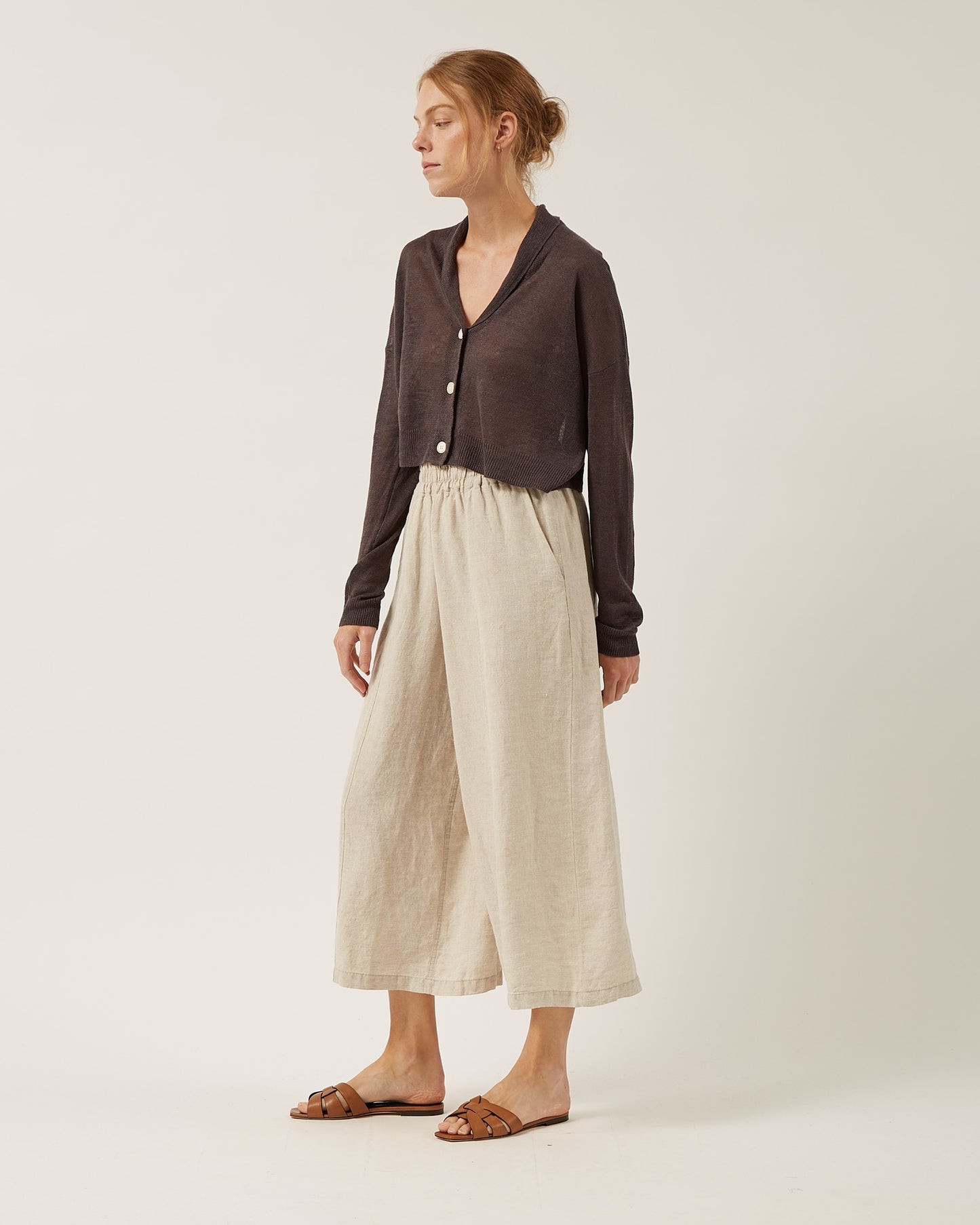 pantalon en lin large et court à taille élastiquée DOMI