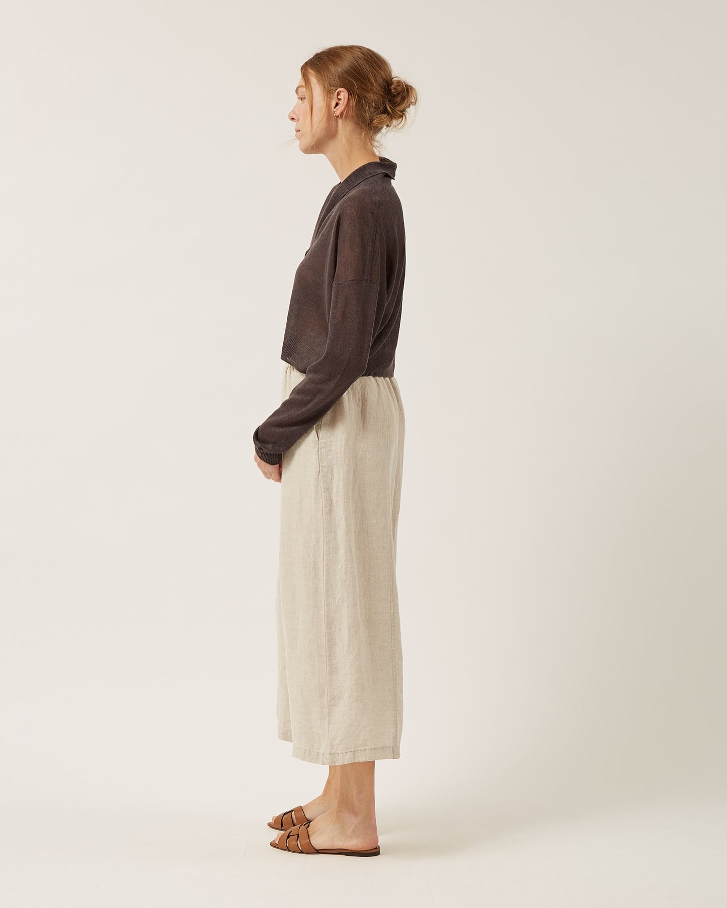 pantalon en lin large et court à taille élastiquée DOMI