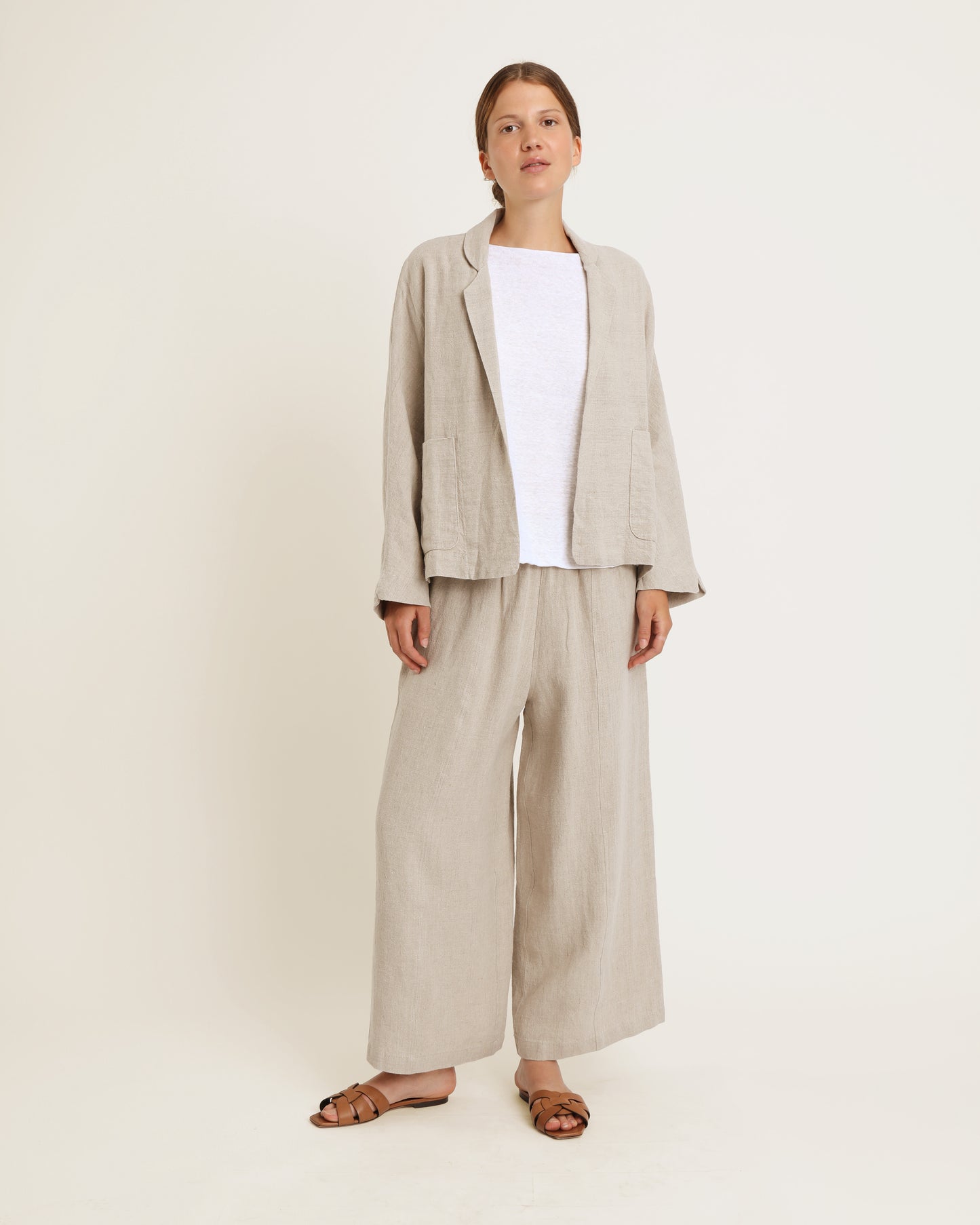 pantalon en lin large et court à taille élastiquée DOMI